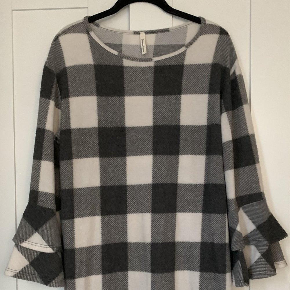 Boutique Buffalo Check Dress with Bell Sleeves